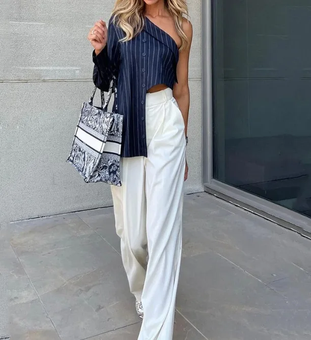 Women's Two Piece 2023 Long Sleeve Irregular Button Stripe Cold Shoulder Open Umbilical Wide Leg Pants Fashion One Shoulder