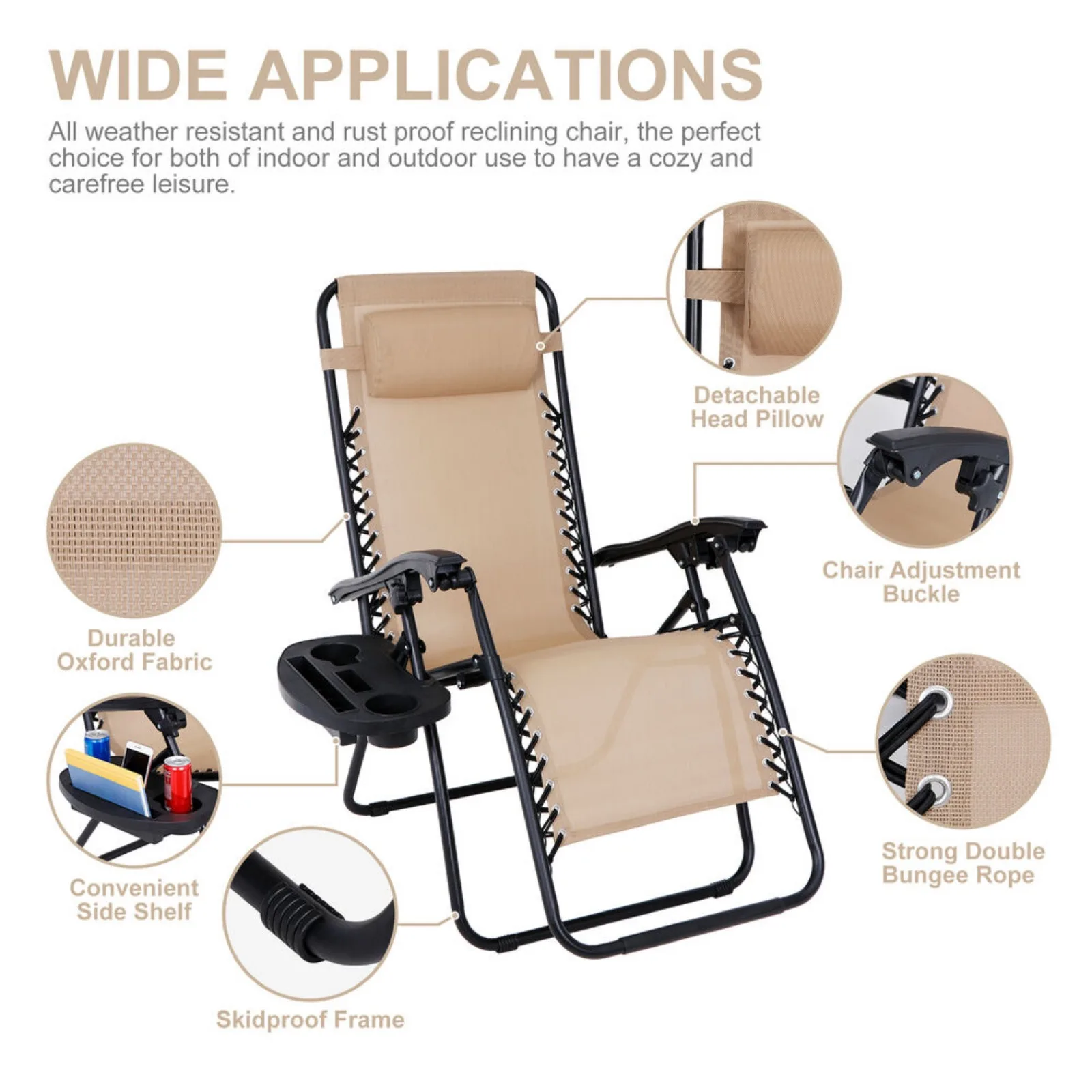 Ajustável Zero Gravity Lounge Chair Recliners, US Conjunto de 2 Almofadas e Porta-copos