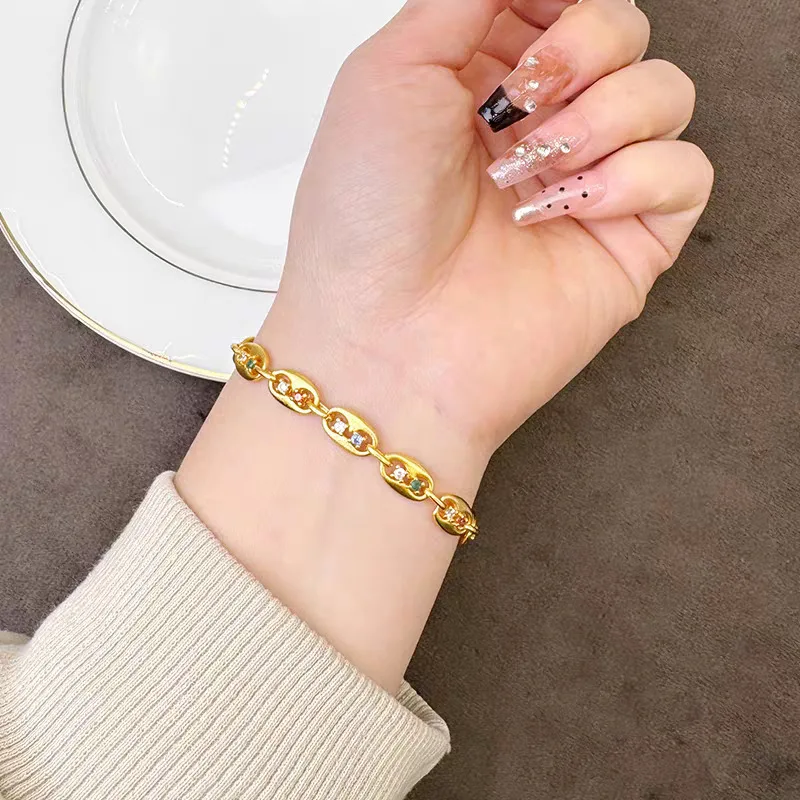 Women's Pig Nose Zircon Bracelet, 24K Gold, AU999 | 3D pig nose with zircon nostrils, playful symbol of luck and charm.