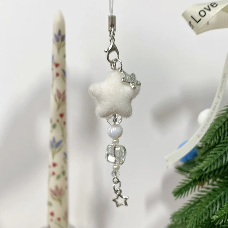 1Pcs Flocking Star Snowflake Phone Chain Charm Hanging Rope Anti-Lost Lanyard Bag Decor Pendant Christmas Gifts