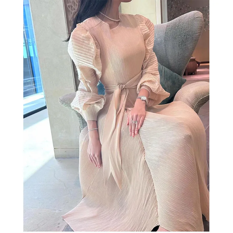 

Pleated Long Dress 2023 Autumn New Lace Up Middle Eastern Fashion Dress Slim New Elegant Women's Clothing