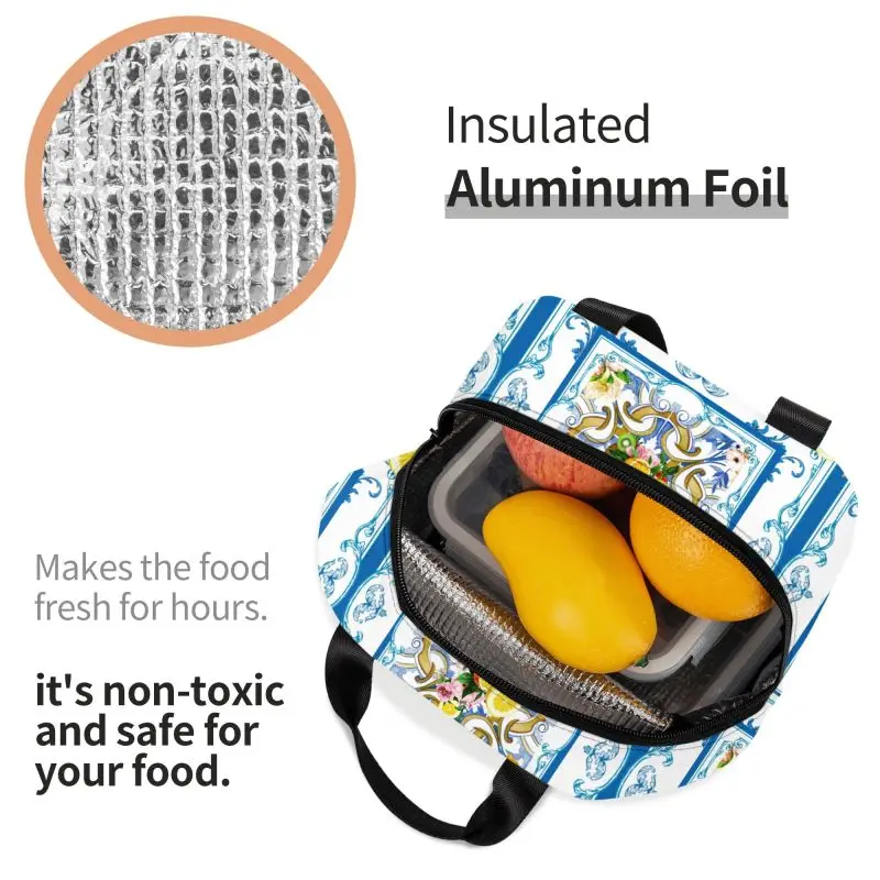 Lancheira isolada para mulheres, Refrigerador térmico reutilizável, Recipiente De Alimento Para Piquenique, Sacolas, Telhas De Limões De Frutas Do Mediterrâneo