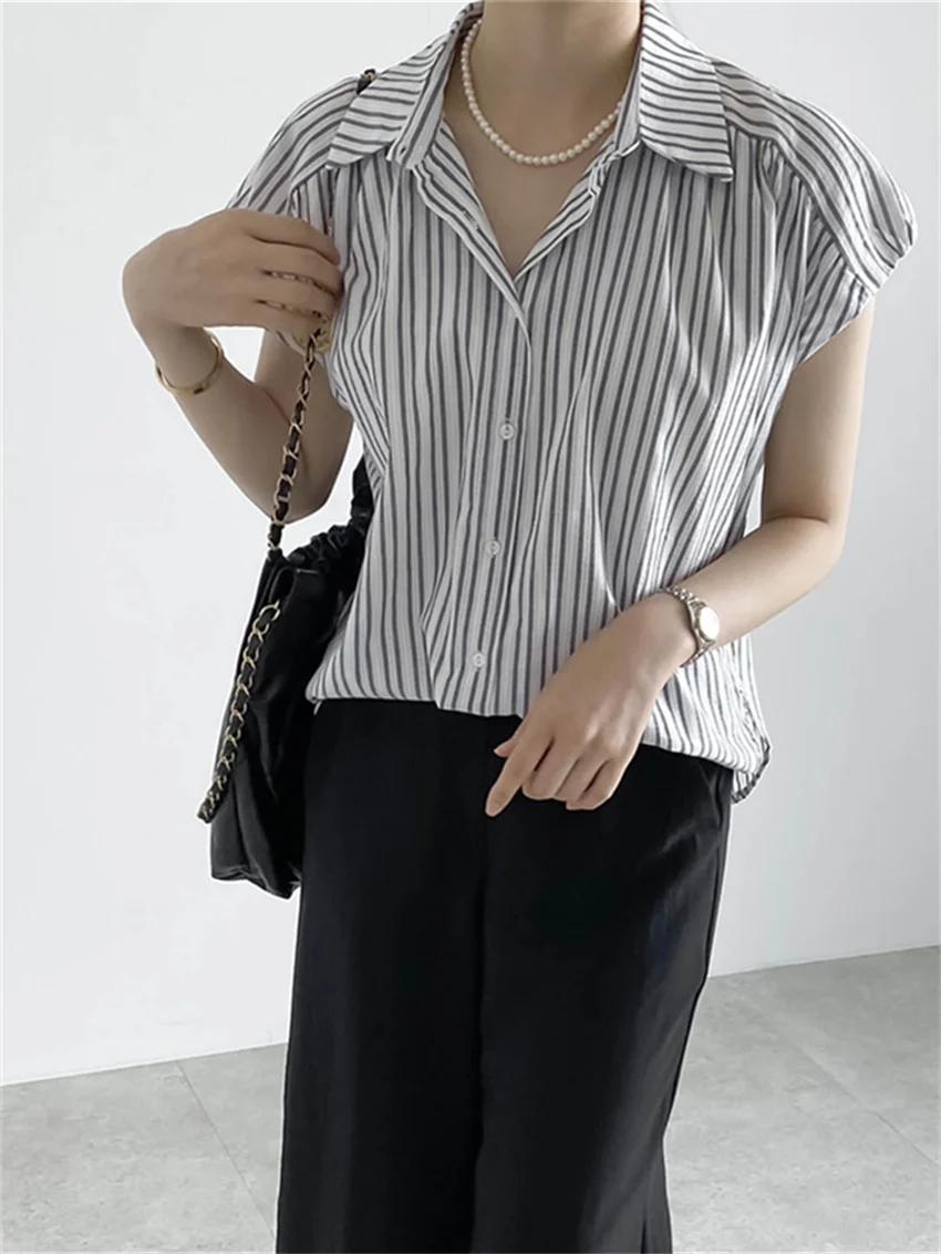 Alien Kitty 한국 여름 코튼 셔츠 여성용 줄무늬 반팔, 세련된 루즈 2024 슬림, 우아한 캐주얼, 신상 일상 작업복