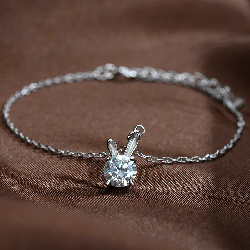 S925 Rhodium Plated 1CT D Color Moissanite Rabbit Ear Bracelet for Women - Adjustable, GRA Certified, Complete Gift Set.
