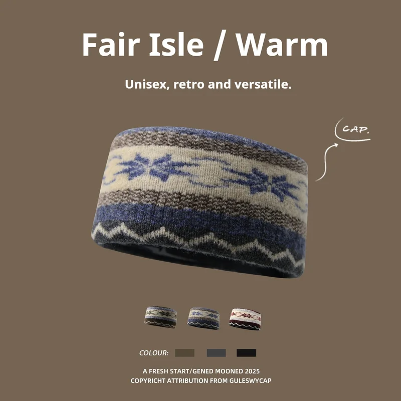 

Вязаная повязка на голову в стиле Fair Isle с широким краем из синтетической шерсти, унисекс, ретро, теплая, для защиты ушей, зимняя головная одежда для мужчин и женщин