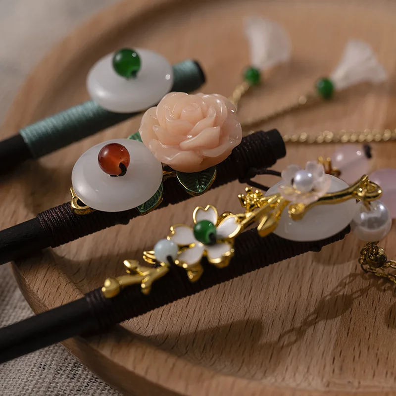 1Pc Wooden Hairpin Headwear for Women'S Chinese Style Flower Tassel Hair Sticks Headdress Elegant Hair Styling Accessories Gifts image 3