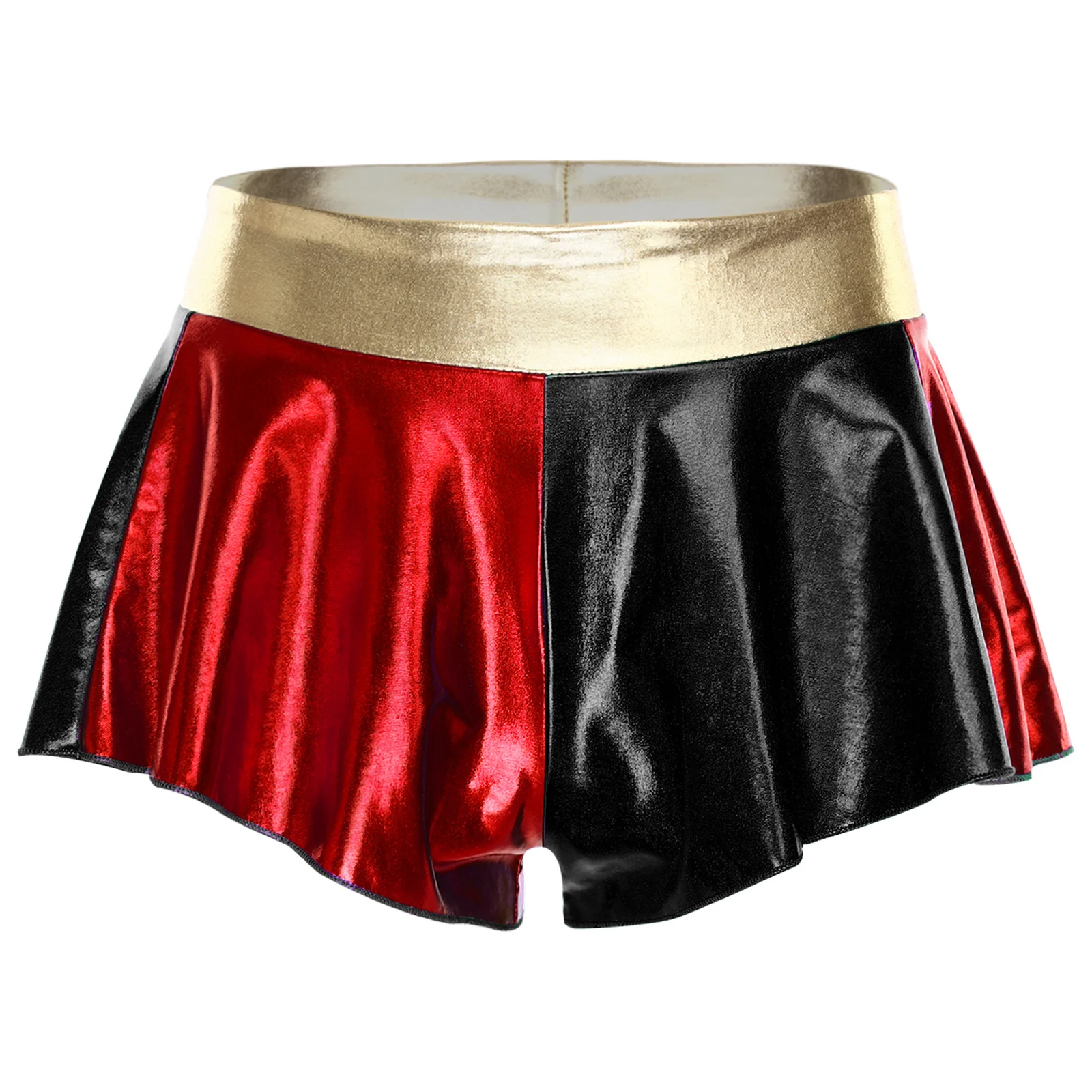 

Womens Bold Cheerleading Shorts Metallic Shiny Color Placement Design Metallic Jazz Dance Shorts for Club Raves Music Festivals