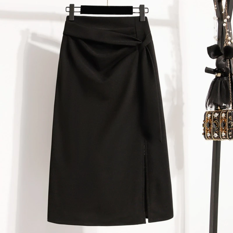 

Элегантные асимметричные юбки с разрезом больших размеров, осень-зима, юбка трапециевидной формы средней длины, женские костюмные юбки большого размера с высокой талией