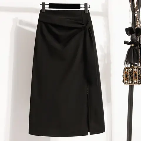 2026 Plus Size Elegant Asymmetrical Slit Skirts Autumn Winter Mid-Length A-Line Skirt Women's High Waist Oversized Suit Skirts