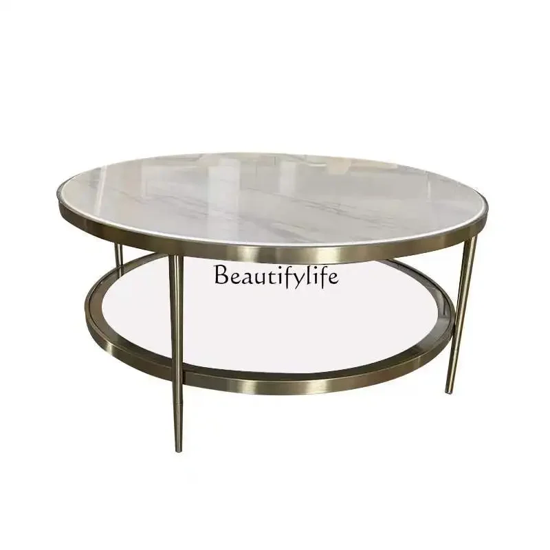 

ls 51 American light luxury glass round stainless steel double layer natural white marble coffee table rock slab high-end coffee