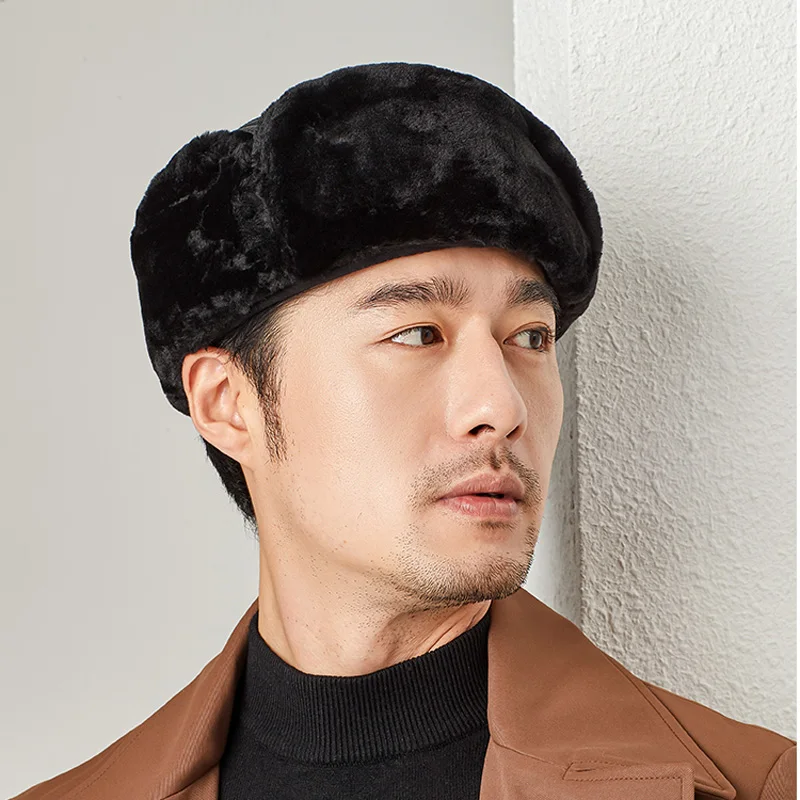 Winter  Lei Feng Hats  Man Genuine Leather Cap Male Warm Faux Fur Inside Big Earflap Middle-Aged Elderly Father Gorras Ear Cap