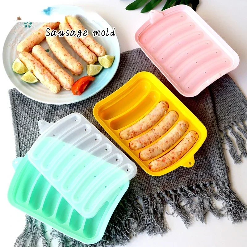 Silicone Food Grade Sausage Mould 6 Cavity Homemade Ham Hot Dog Making Tray Household Cake Baking Molds with Lid Kitchen Tools