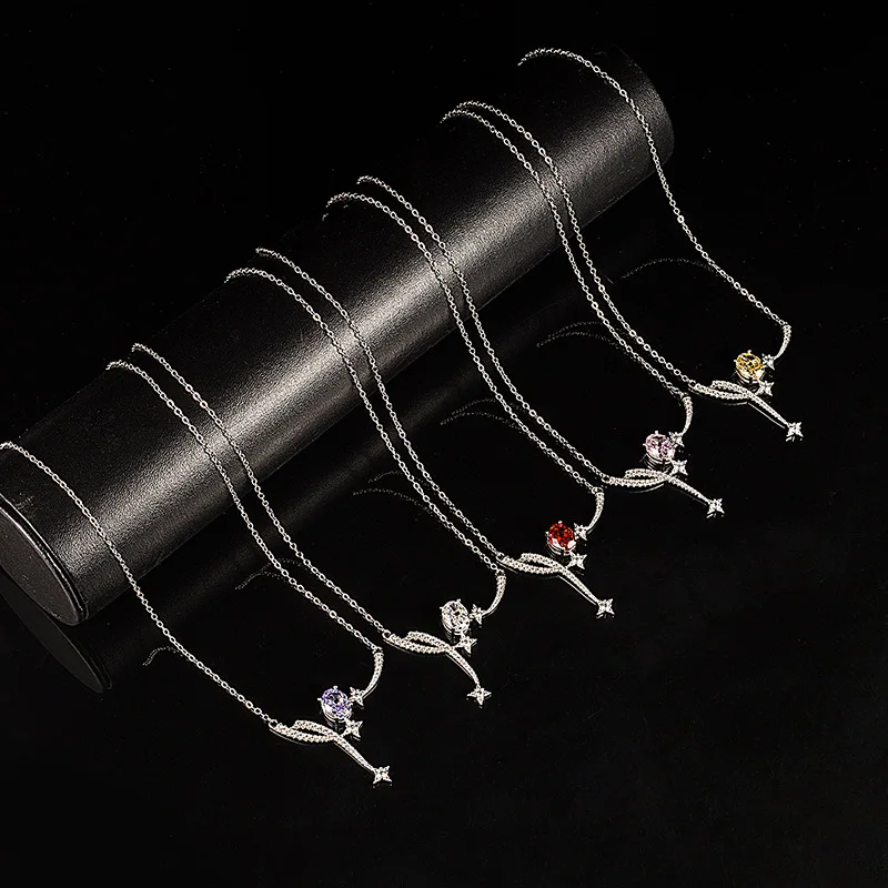 Four‑Pointed Star Fashion Women's S925 Sterling Silver Necklace, Purple & Pink Zircon Diamond Ice‑Flower Cut Clavicle Chain