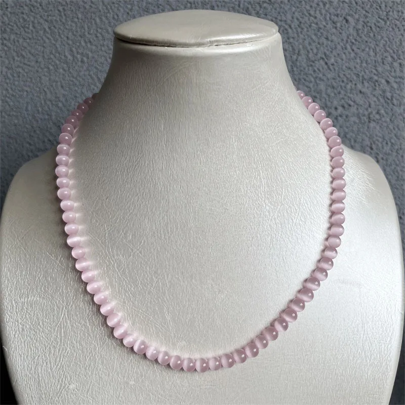 6MM Pink Cat Eye Necklace Natural Gemstone Ball Round Bead Women Wedding Love Gift Fashion Glamour Jewelry