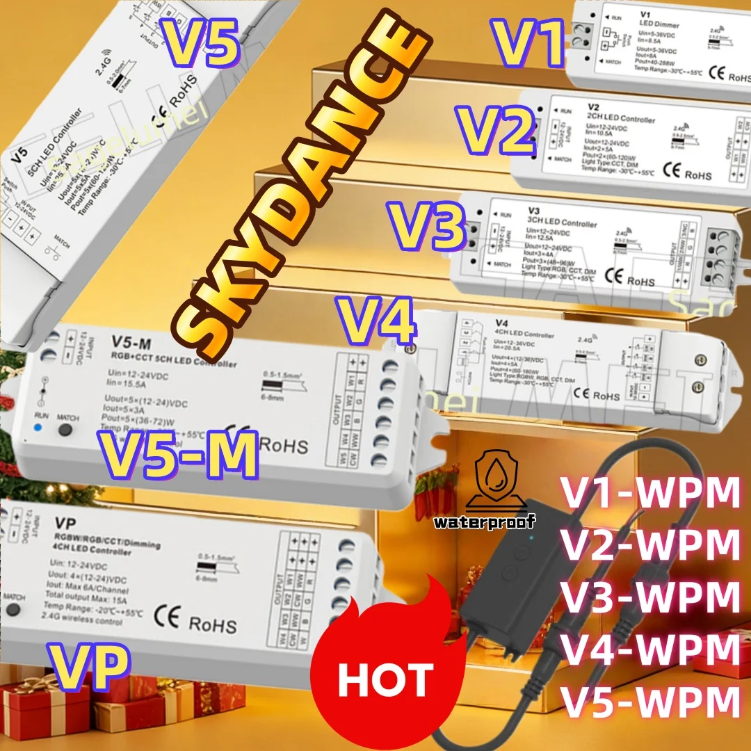 

V Series Skydance 1/2/3/4/5CH LED Controller DC12V-24V Dimming/CCT/RGB/RGBW/RGB+CCT 2.4G RF Controller 2-Button Waterproof IP67