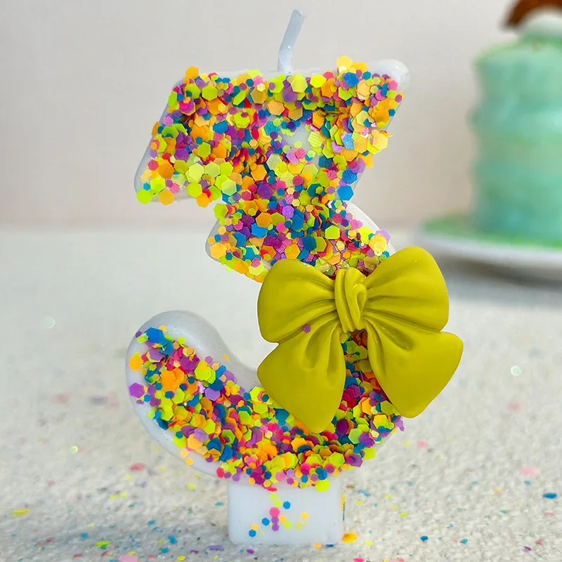 Glitter Yellow Bow Candle Decor Princess1 2 3  4 5 6 7 8 9 Girl Happy Birthday Wedding Party Cake Topper Dessert Baking Supplies