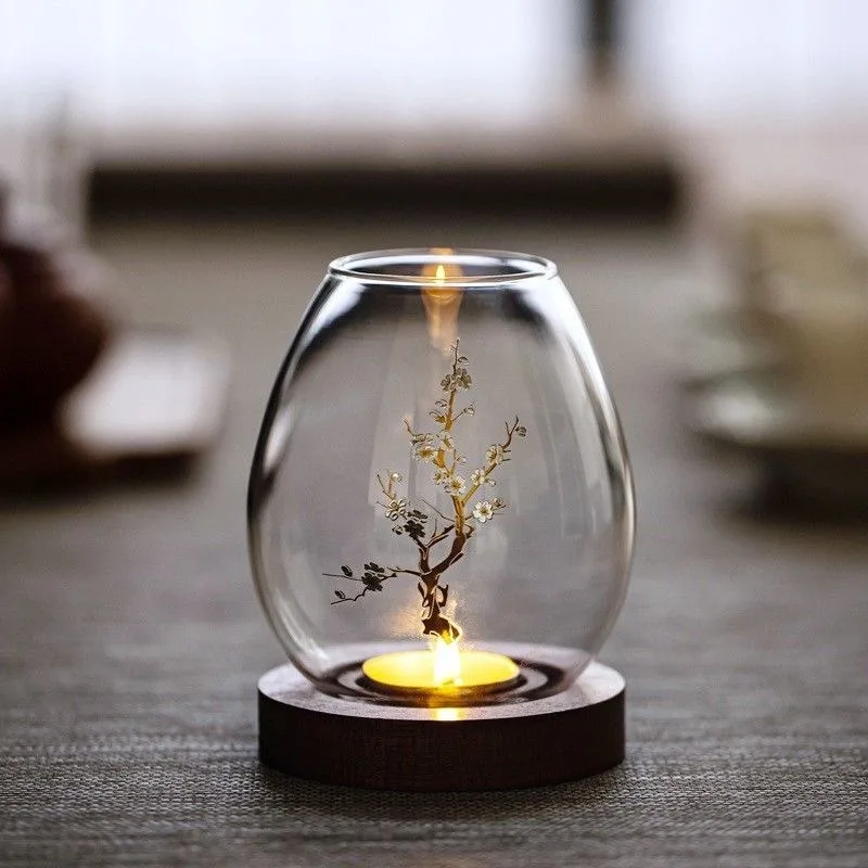 Chinese Retro Art Transparent Glass Round Candle Holder Zen Home Hotel Homestay Decor for Candlelight Dinner