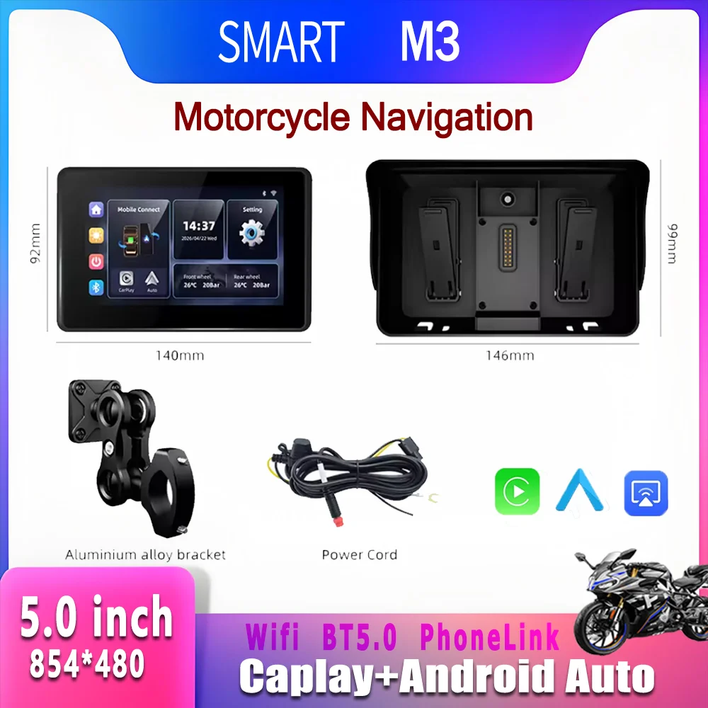 SMART Portable 5 Inch Motorcycle Navigation Screen Removable Wireless CarPlay & Android Auto Mirror Display for Motorbikes DVR
