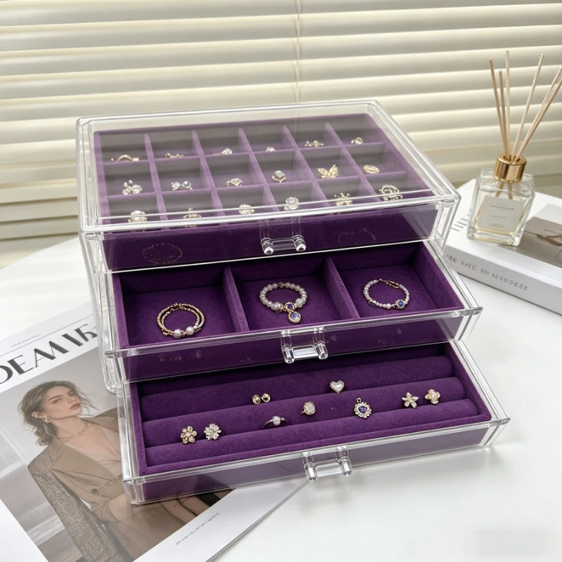 3 Layer Jewelry Storage Box Acrylic Ring Organizer Boxes Drawer Necklace Storage Case Purple Earrings Bracelet Organizer Cases