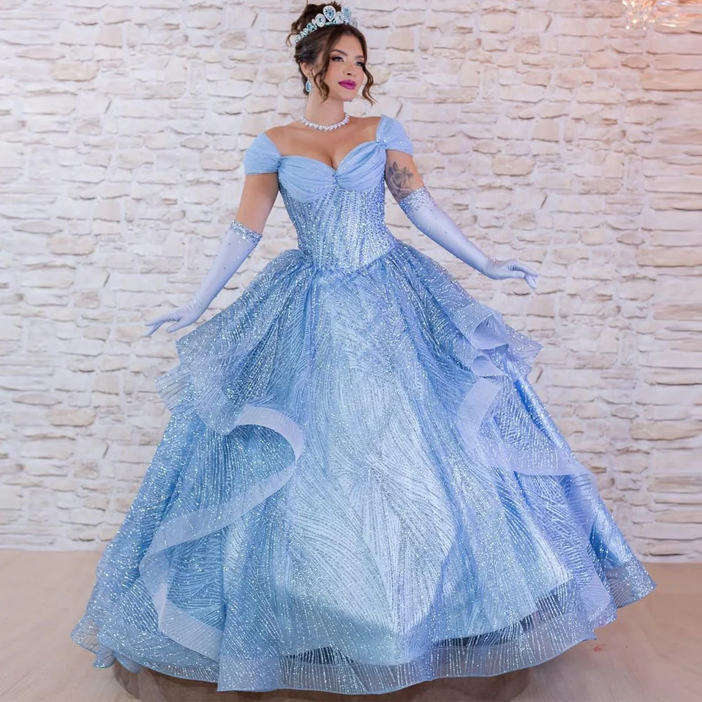 Customized Glitter Ruffles Quinceanera Dresses Blue Ball Gown Vestidos De 15 Anos Cap Sleeves 16 Birthday Party Gown