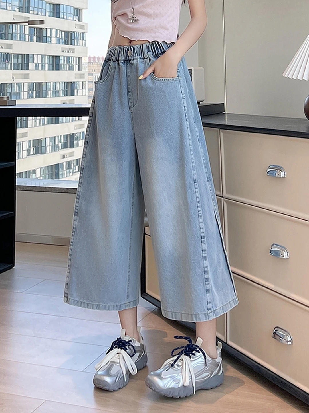 

Light Blue High Waist Wide Leg Jeans Women's Summer New plus Size Slimming Design Elastic Waist Seven-Five Pants