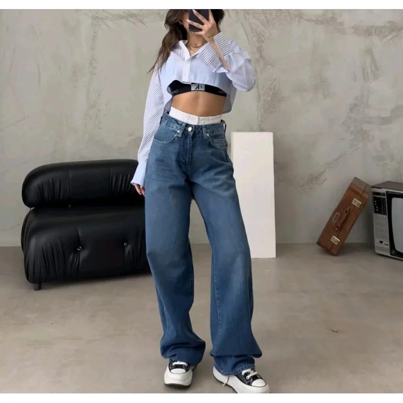 

Spring New Women's American Cool Casual Wide Leg Jeans Waed Denim Trousers High Waist Straight Loose Fit Faionable