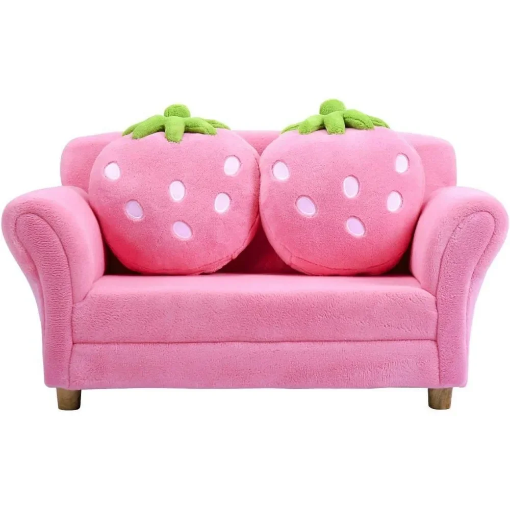 Double seat children's sofa with 2 strawberry pillows, baby armchairs in bedroom and living room, gift for baby girls (pink)