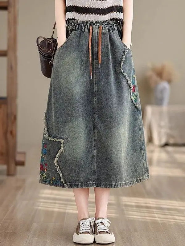 

Джинсовая юбка с вышивкой Ele для женщин, летняя, свободного кроя, больших размеров, с эластичной талией, с поясом, А-силуэт, длинная, повседневная