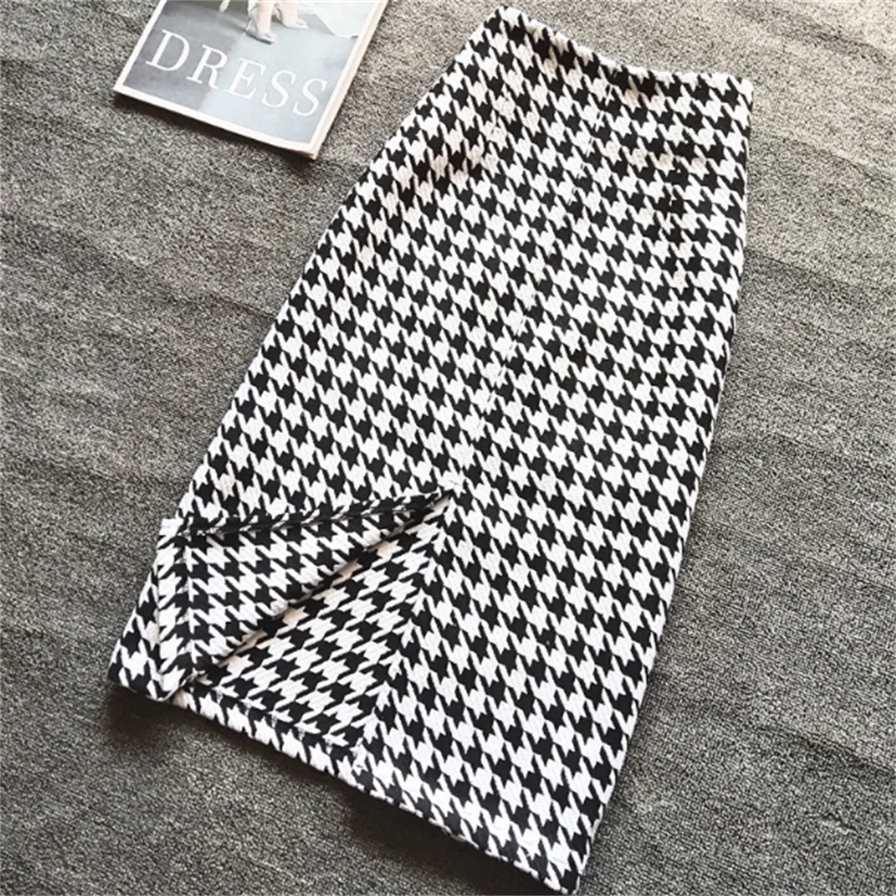 High waist straight skirt thousand plaid skirt female forked long fashion skirt women