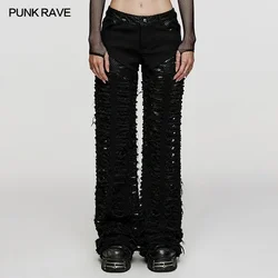 PUNK RAVE Women's Punk Decadent Twill Mesh Loose Black Trousers Handsome Cool Personalized Ripped Streetwear Women Pants