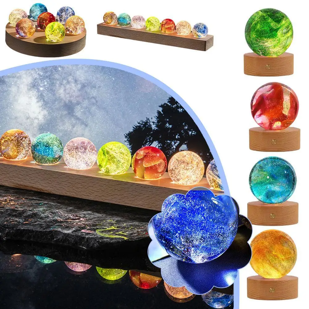 LED Wood Stand 7 Colorful Glass Ball Shiny Detachable Base Luminous Rectangle/Round Ornaments Crystal USB in Plug H6V8