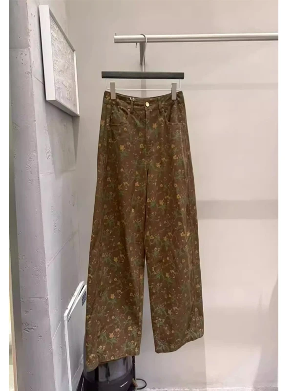 

Женские брюки с высокой талией и широкими штанинами, с принтом, весенняя новинка, модные, стройнящие, для повседневной носки, с цветочным узором, повседневные брюки