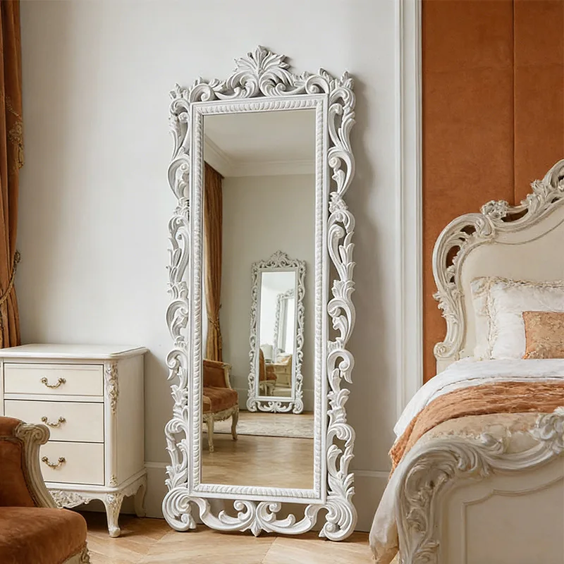 European antique white floor-to-ceiling mirror high-value retro full-length home French room high-end full-body