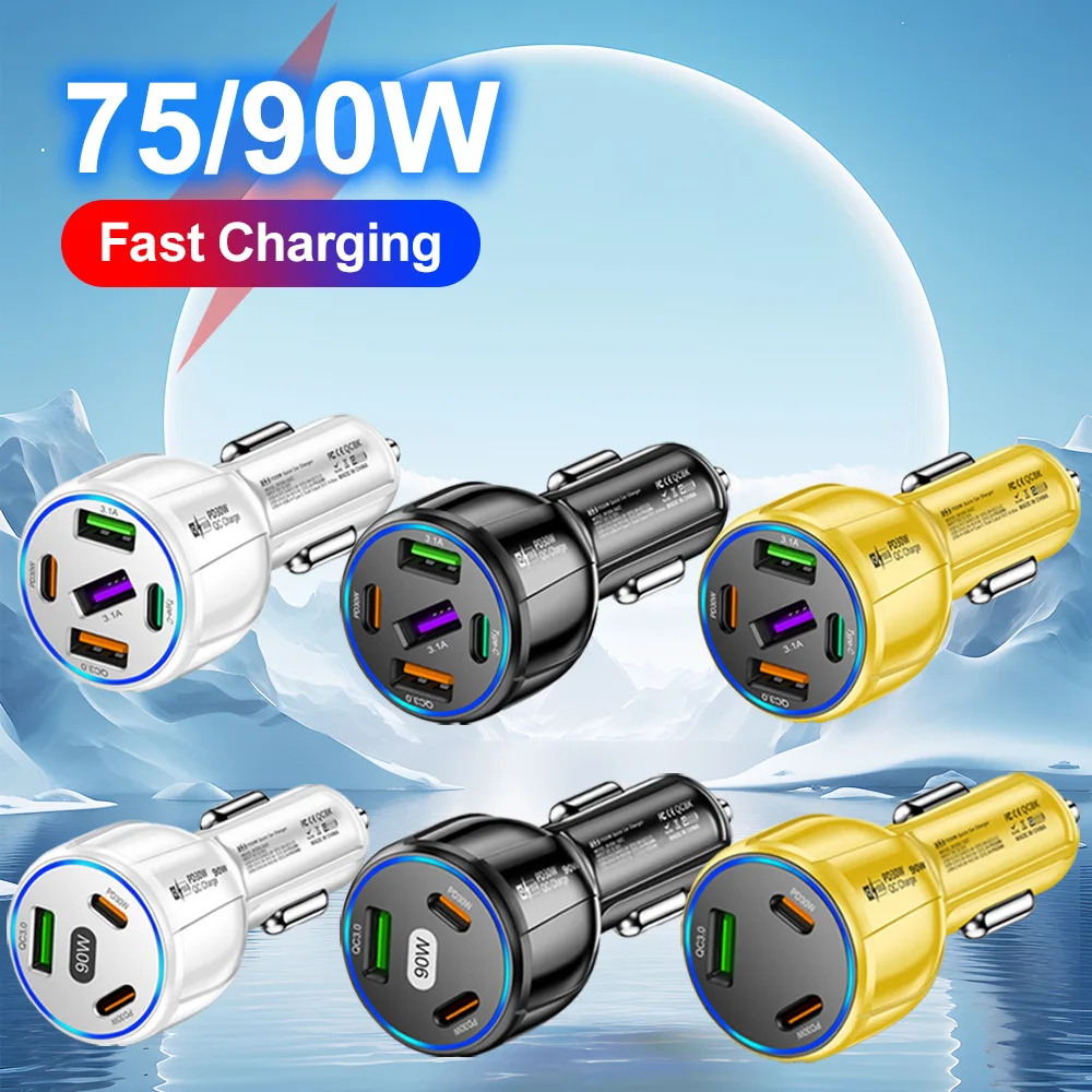 3/5 포트 90W USB C타입 차량용 충전기, 고속 충전 PD QC3.1 휴대폰 충전기, 아이폰 샤오미 화웨이 삼성용