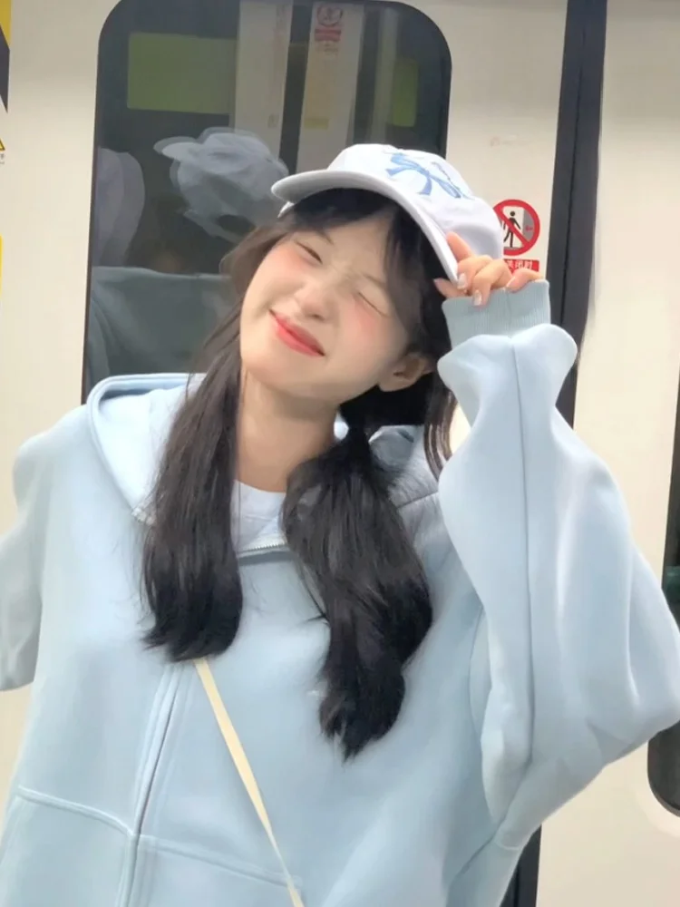 Blue Hoodie Sweatirt Women's Loose American College Sle Cardigan Coat Spring Autumn New Arrival Comfortable Fufu Lazy Sle