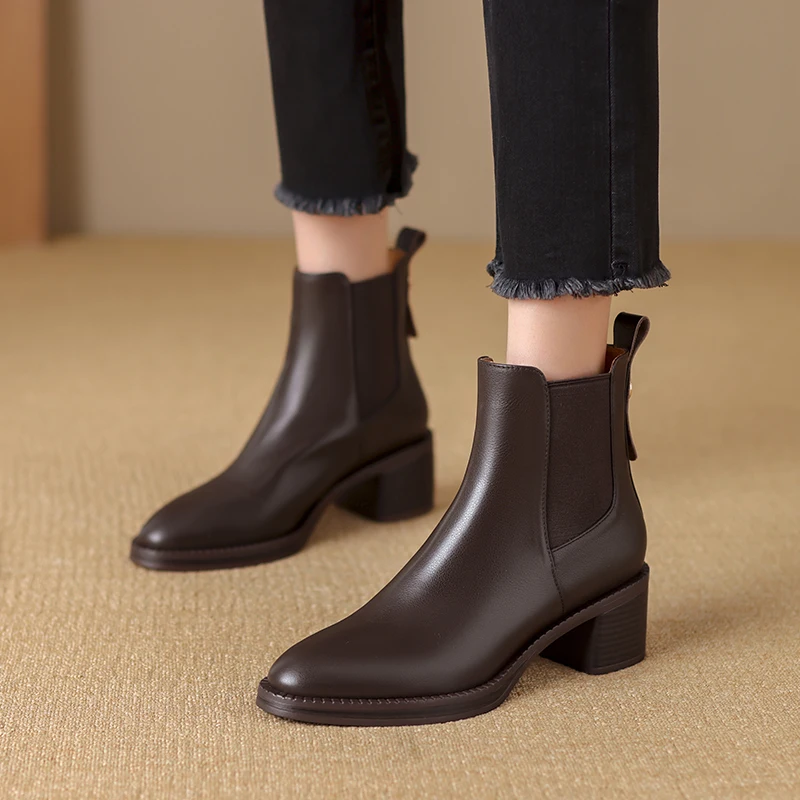 2024 New Autumn Black Women Boots Ankle Boots Genuine Leather Shoes for Women Chelsea Short Boots Chunky Heel Ladies Women Shoes