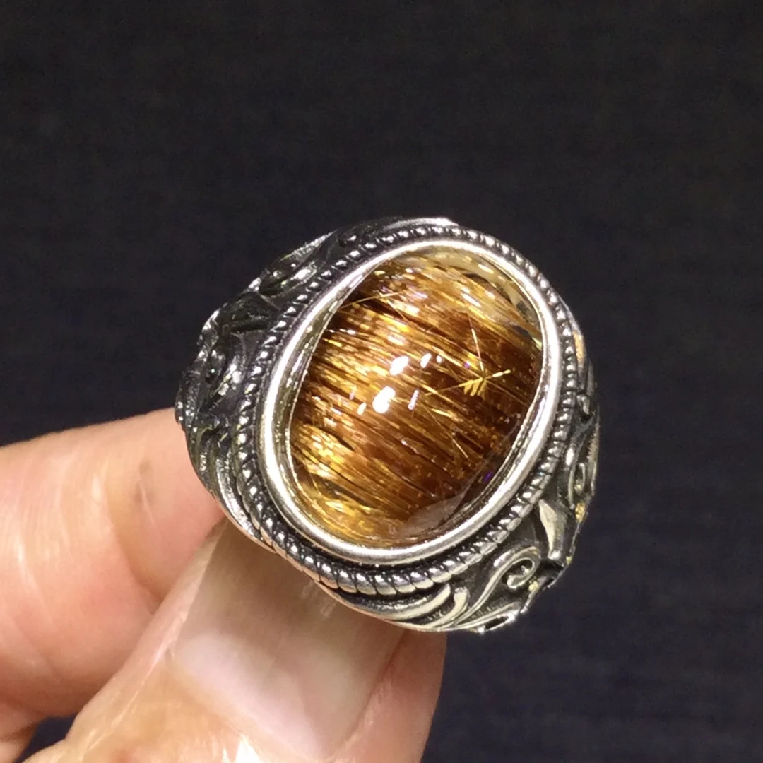 

Natural Copper Rutilated Quartz Adjustable Ring 15*11mm Oval Women 925 Silver Yellow Rutilated Beads AAAAAA