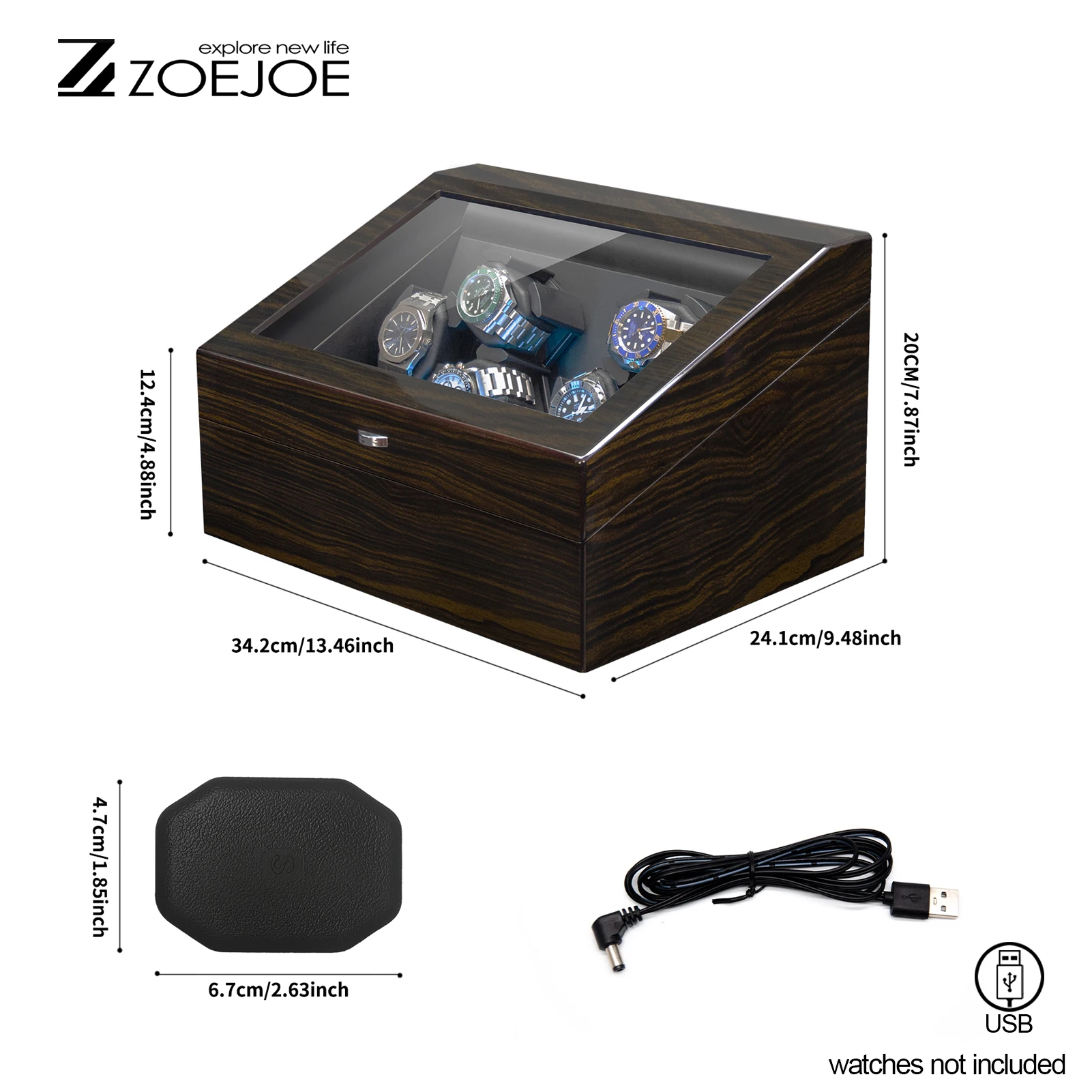 ZOEJOE Enrolador de relógio para enrolamento de relógio, cabo USB, design de luz de energia, superfície de pintura preta, caixas enroladoras de relógio para homens e mulheres