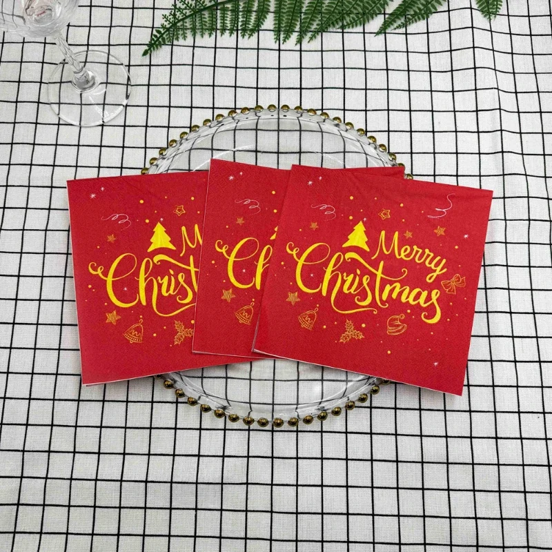 10/20pcs 33cm 2-Ply Gold Letter Red Christmas Napkin Disposable Paper Placemat Party Decoration Ambience Paper