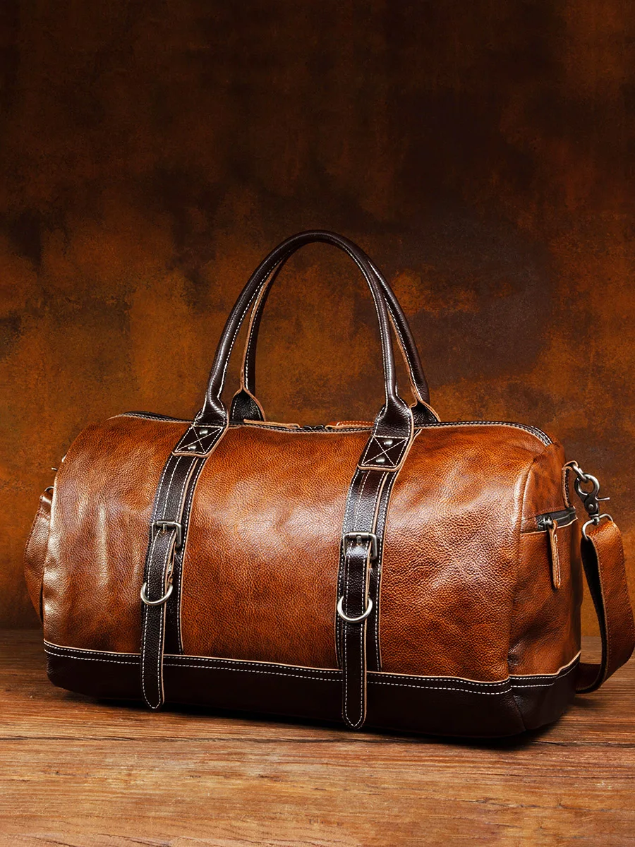 Retro Leather Men Handbag Travel Bag Vegetable Tanning Leather Gym Bag Business Trip Shoulder Crossbody Luggage Bag Leisure Soft