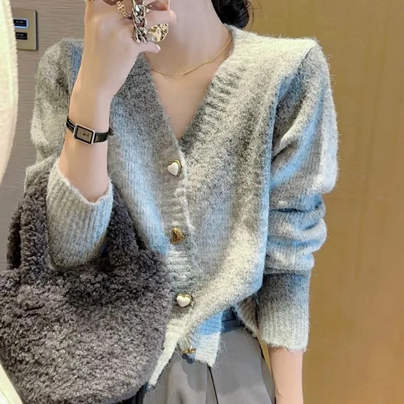 Korejpaa Gradient Candy Color Knitted Cardigan Women 2024 Autumn Winter Korean Style Sweater Jacket Knitwear Sueters De Mujer