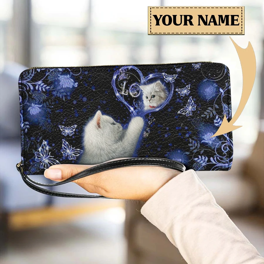 

Cute White Cats Purple Print Women's High Quality Female Credit Card Passport Holder With String Ladies Clutch Coin Purse 2024