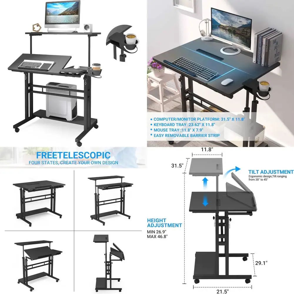 

Mobile Standing Desk, Adjustable Rolling Computer Desk with 3 Desktops, Portable Laptop Table with Cup Holder, Home Office Lapto