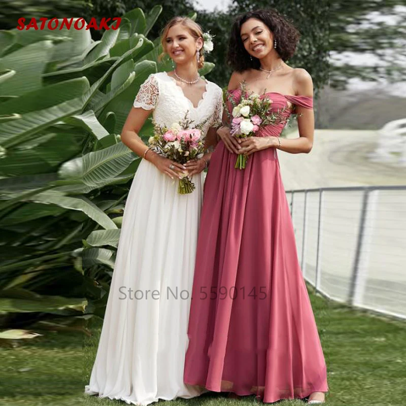 Vestidos De Novia Simple Elegant Chiffon Lace Wedding Dress 2023 for Women Short Sleeve V-neck Princesa Bridal Gown Robe Mariée