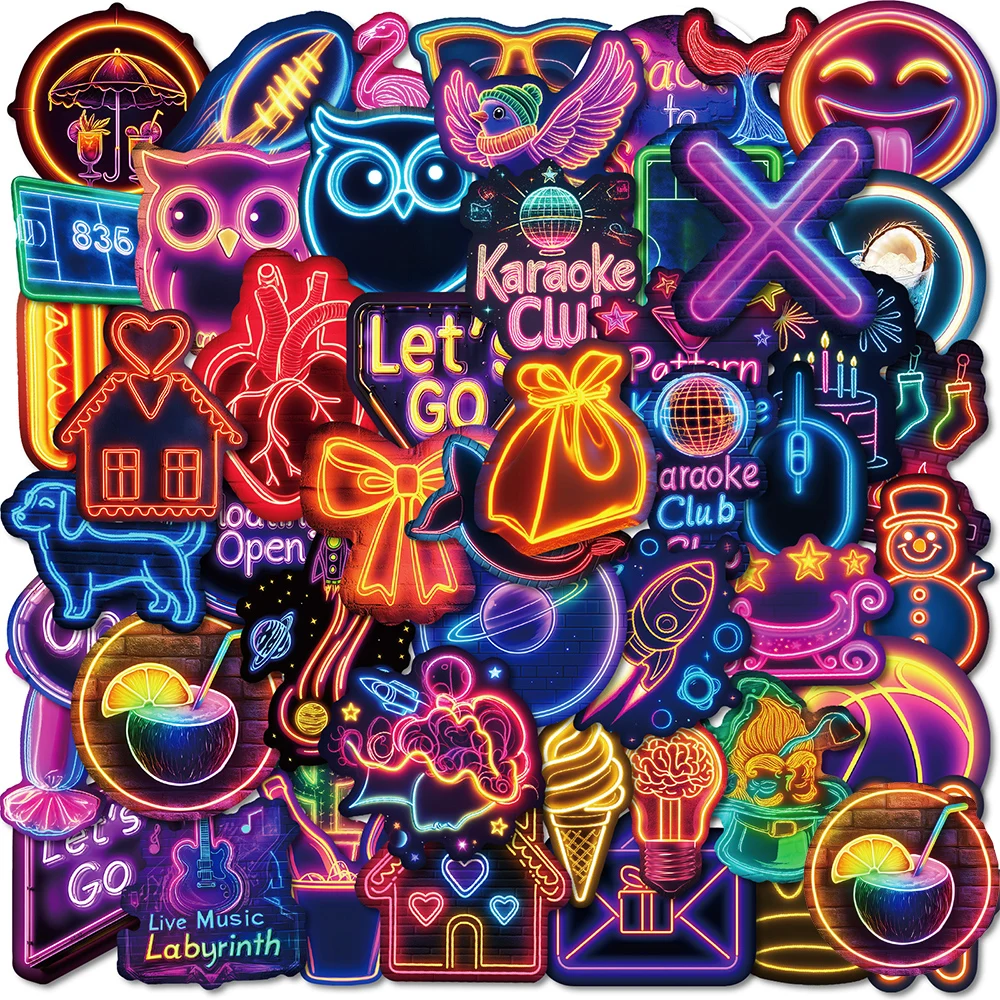 10/30/50pcs Mixed Neon Light Stickers Aesthetic Graffiti Decals DIY Laptop Journal Notebook Waterproof Cool Cartoon Sticker Pack