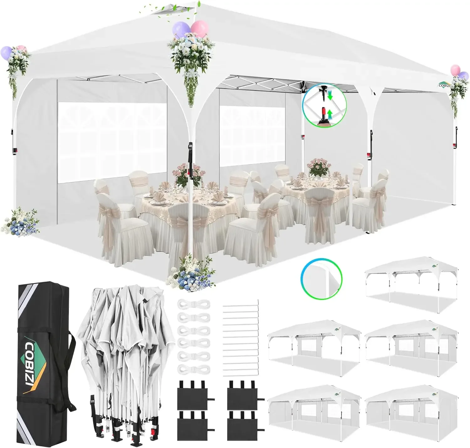 

10x20 Pop Up Canopy: Canopy Tent with Patented Center-Lock Tech | Quick-Setup,UV-Reflective & Detachable Walls(White)