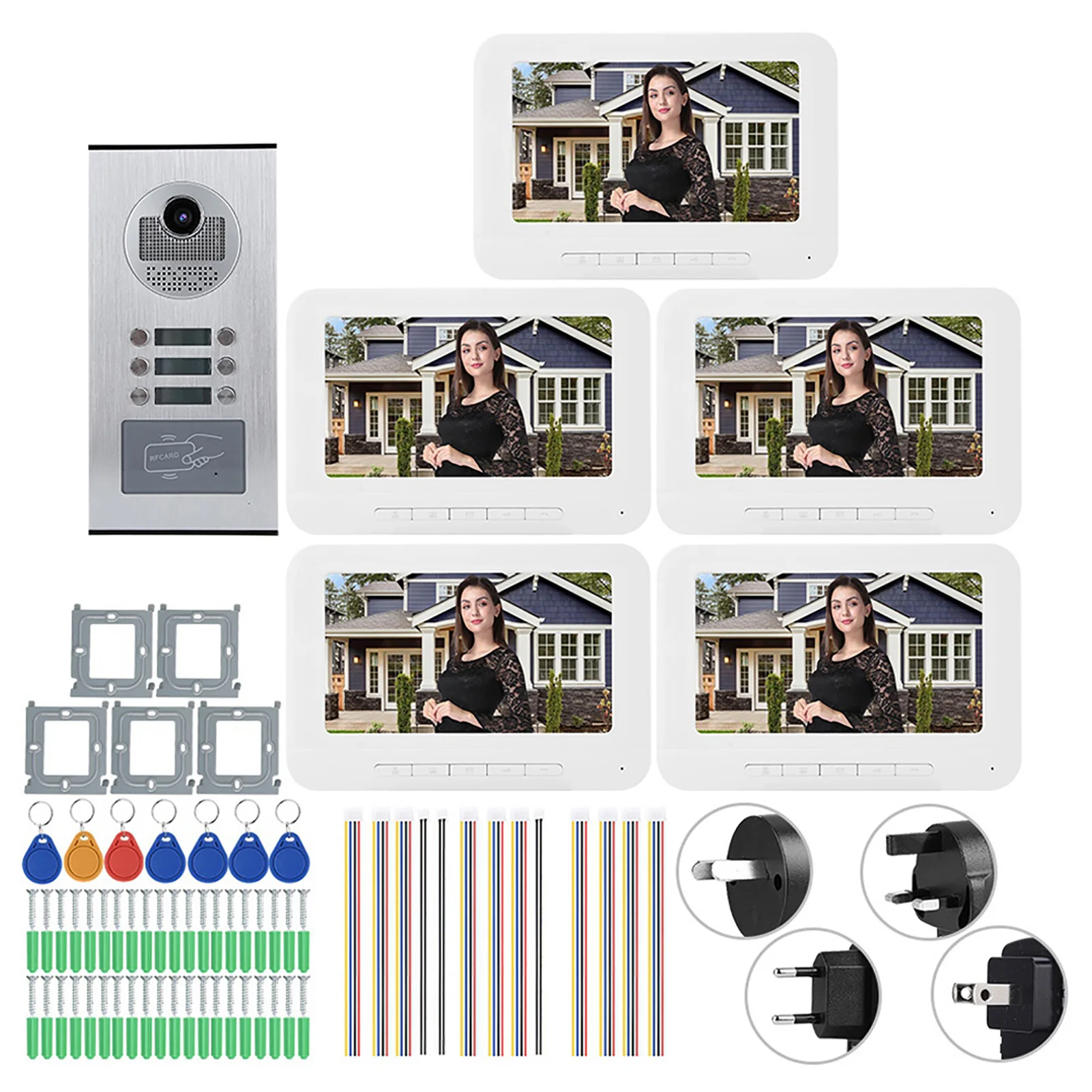 5 شقق 7in 1000TVL HD فيديو باب الهاتف جرس باب إنتركوم Ir CUT كاميرا جرس باب إنتركوم رصد جرس الباب جرس باب يتضمن شاشة عرض فيديو