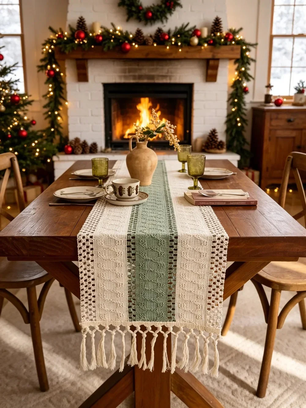 Christmas Boho Style Hand Woven Table Runner, Cream and Green Tassel Design, Home Decor for Boho Diningroom, Farmhouse Table Mat