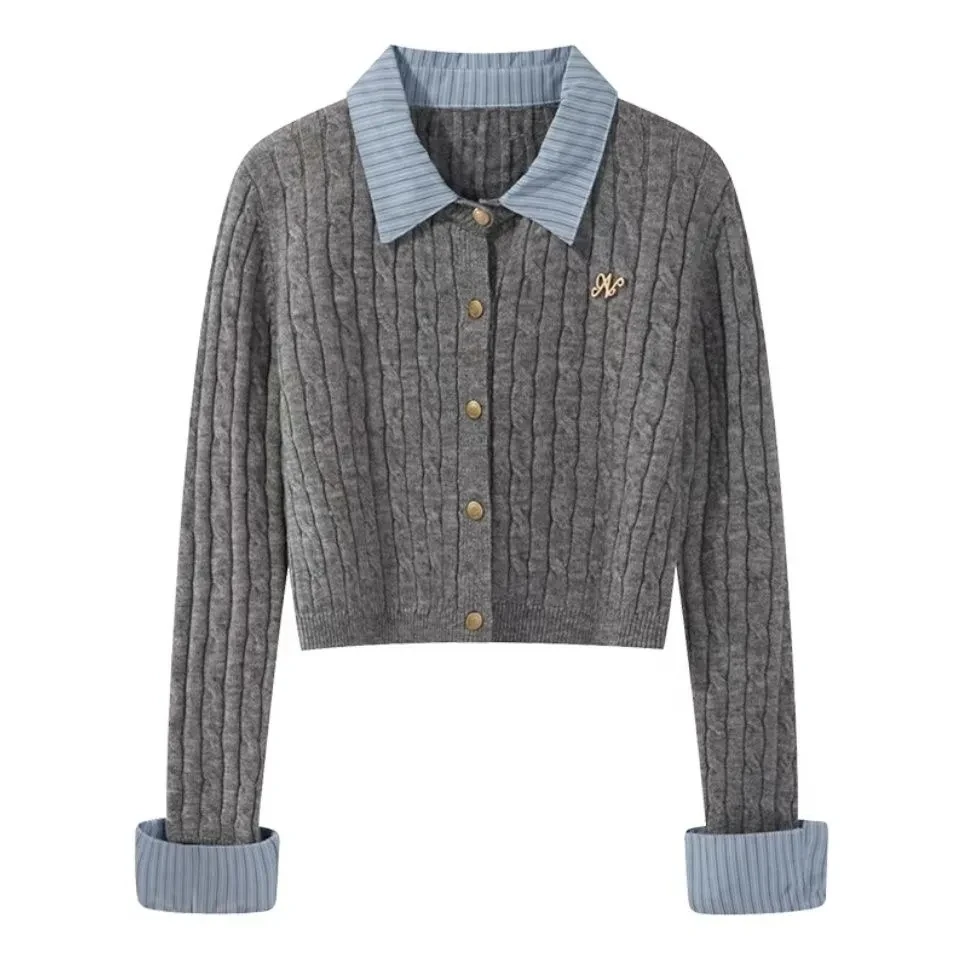 College Style Gray Fake Two-piece Spliced Knitted Sweater For Women 2026 Autumn Short Slim Cardigan Top Single-breasted