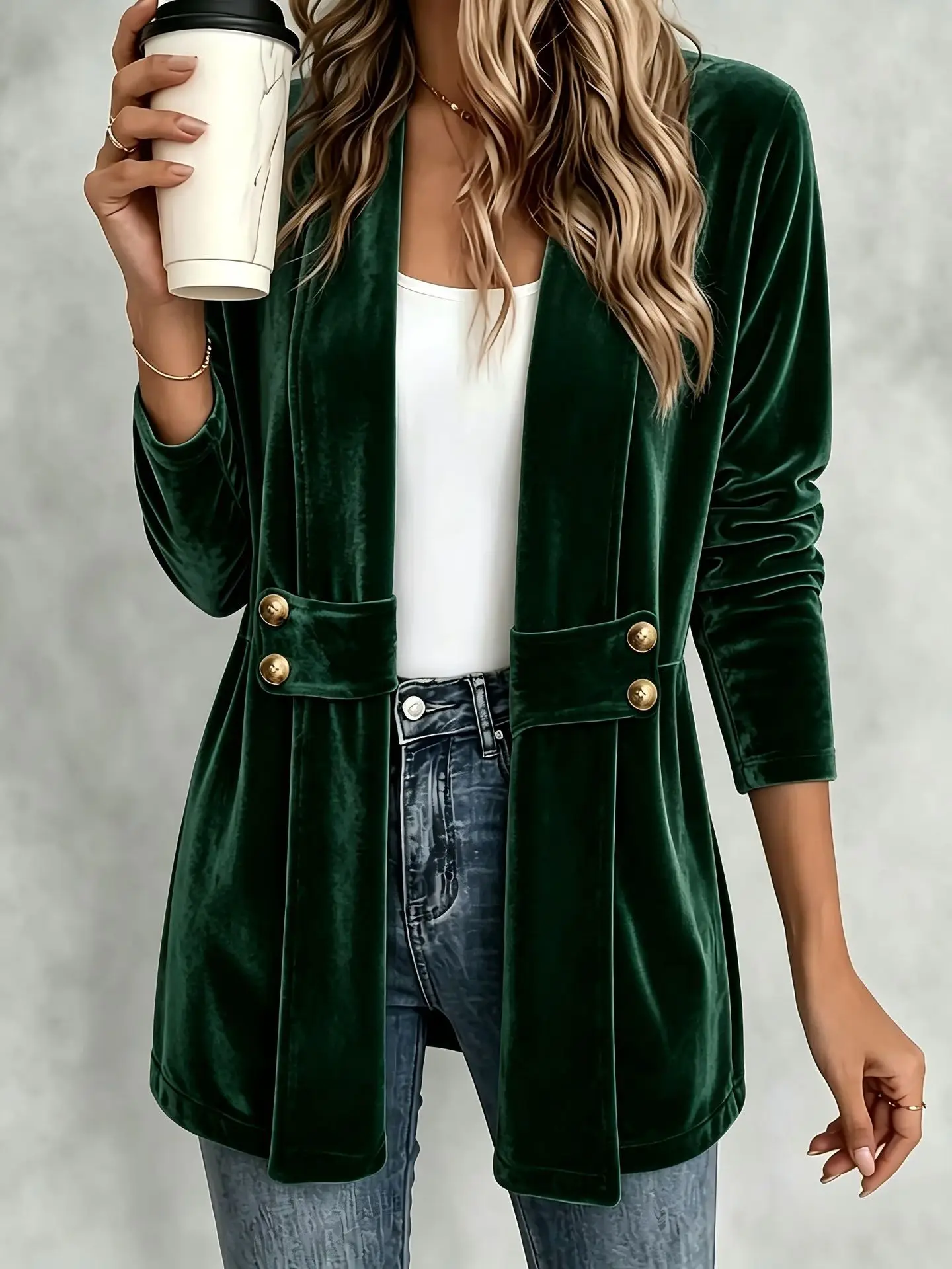 Women's Velvet Open Front Coat, Long Sleeve Loose Jacket, Casual Commuter Outfit, Fall Winter Must Have view 5
